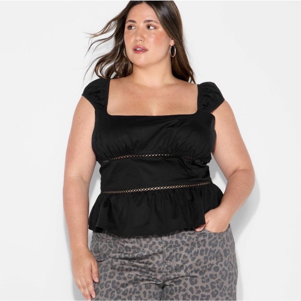 NWT Wild Fable Black Women's Cap Sleeve Squareneck Smocked Peplum Milkmaid Top M